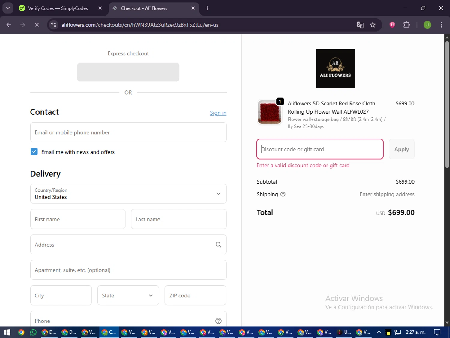 Ali Flowers promo code screenshot showing code FW10 applied at Ali Flowers checkout page. Uploaded by SimplyCodes community member LilBaby on Sep 19, 2025
