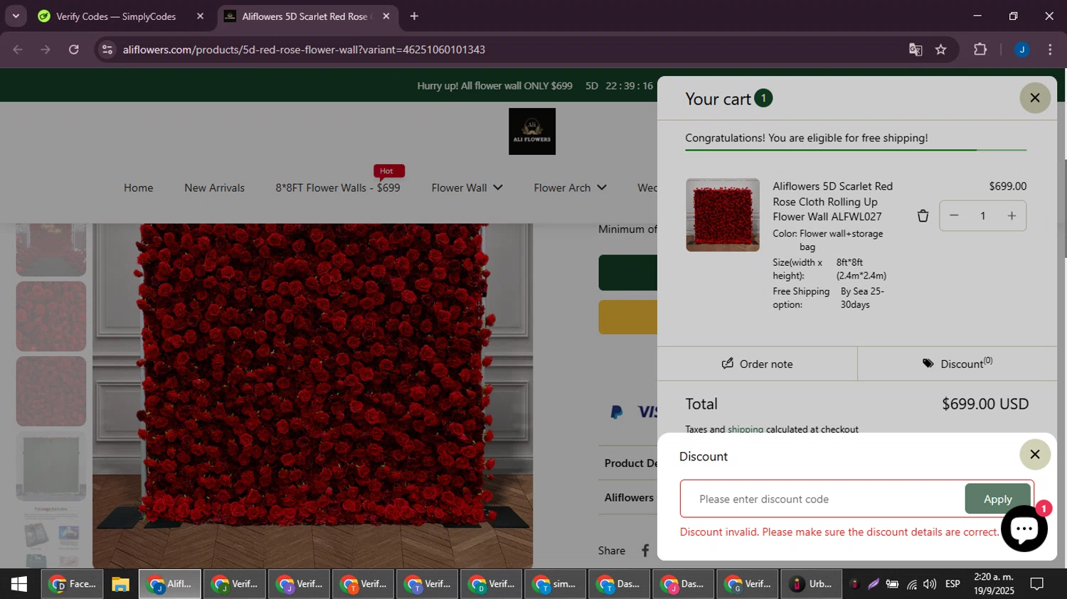 Ali Flowers promo code screenshot showing code FW10 applied at Ali Flowers checkout page. Uploaded by SimplyCodes community member noesmith34ur on Sep 19, 2025