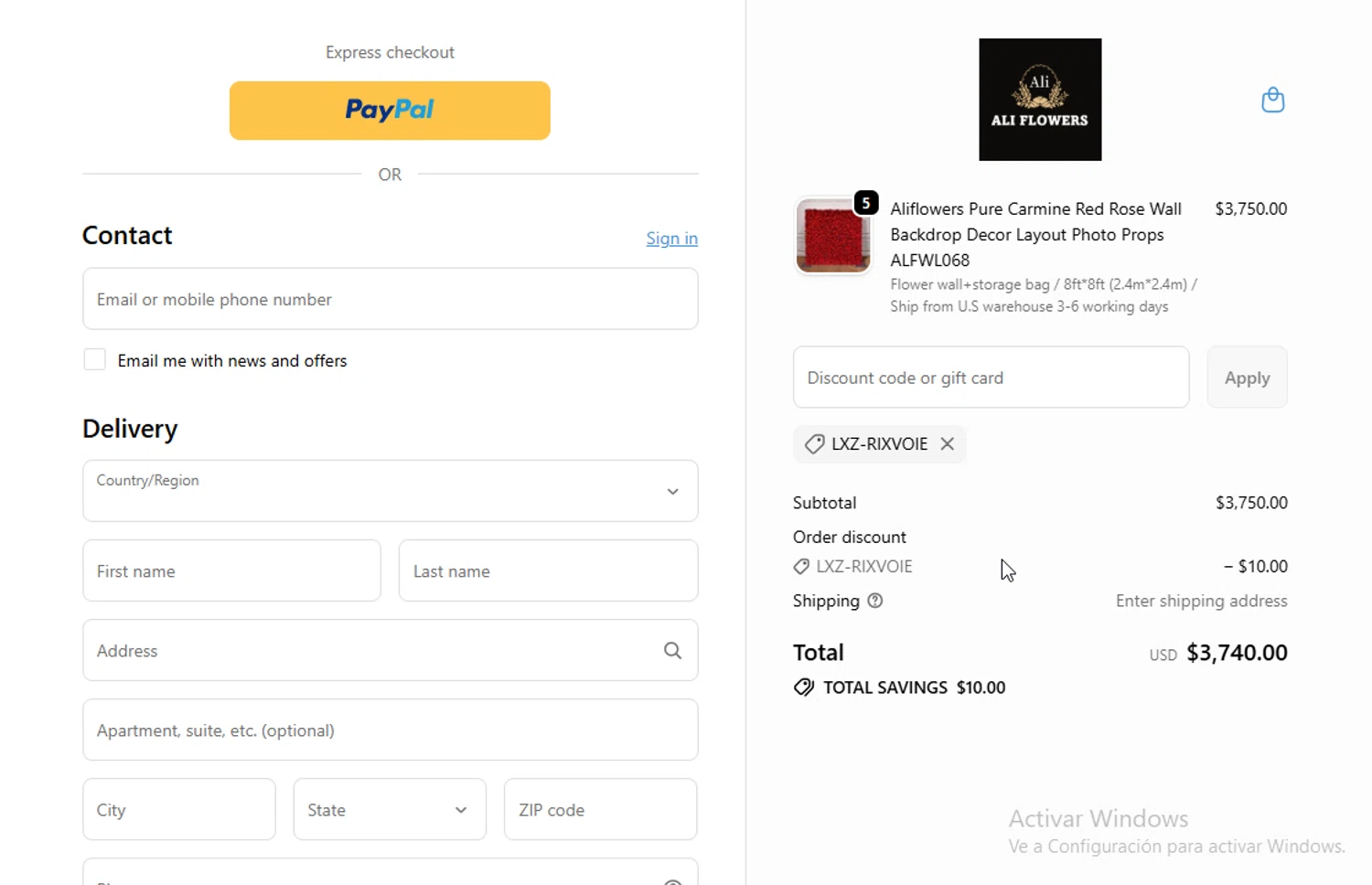 Ali Flowers promo code screenshot showing code LXZ-RIXVOIE applied at Ali Flowers checkout page. Uploaded by SimplyCodes community member BudgetGuardian5712 on Oct 17, 2025