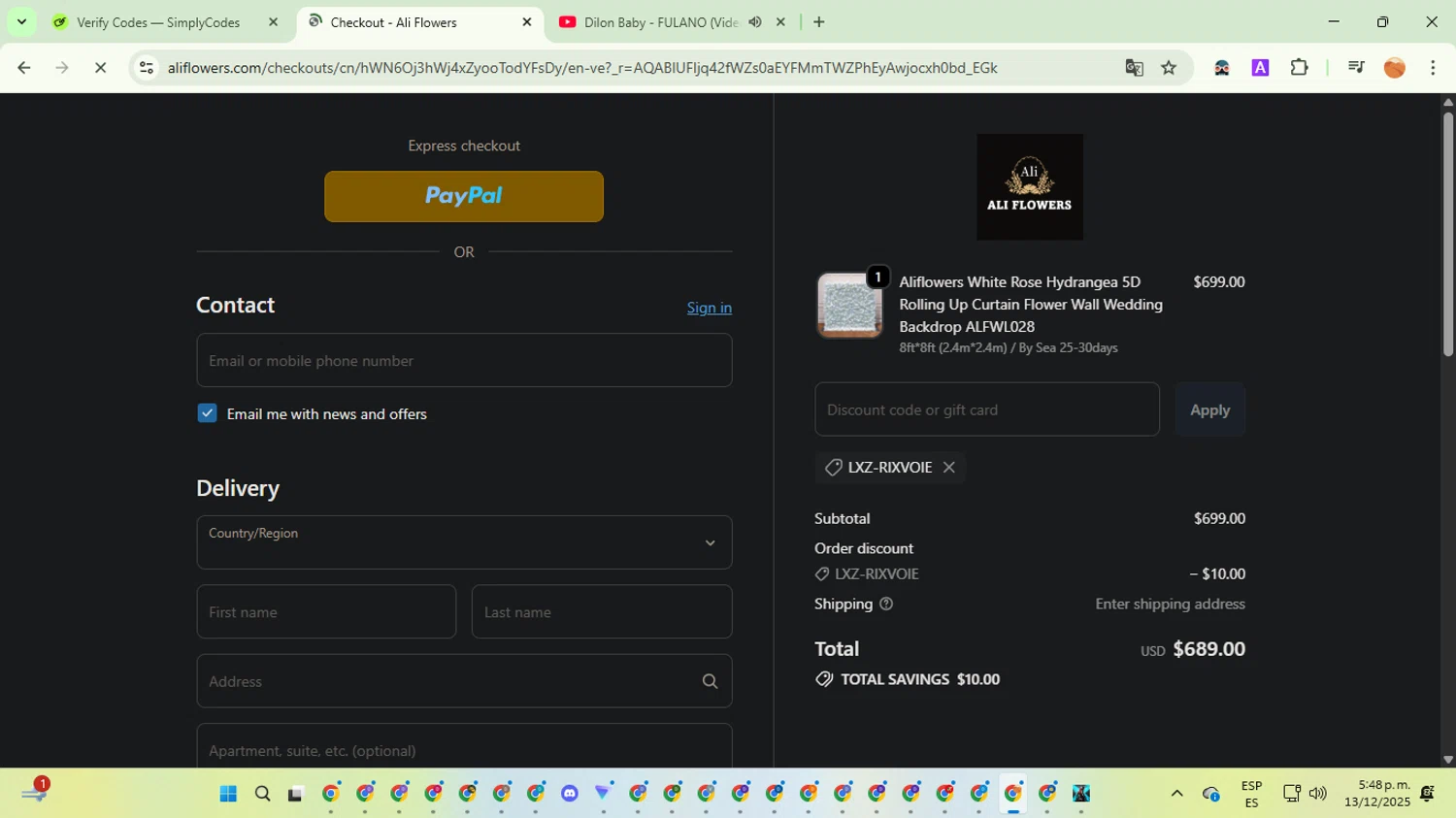 Ali Flowers promo code screenshot showing code LXZ-RIXVOIE applied at Ali Flowers checkout page. Uploaded by SimplyCodes community member TreasureSentinel5290 on Dec 13, 2025