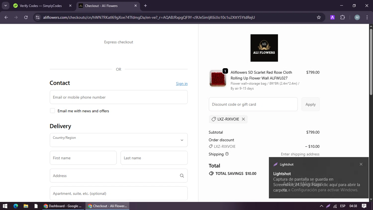 Ali Flowers promo code screenshot showing code LXZ-RIXVOIE applied at Ali Flowers checkout page. Uploaded by SimplyCodes community member maraxo on Jan 10, 2026