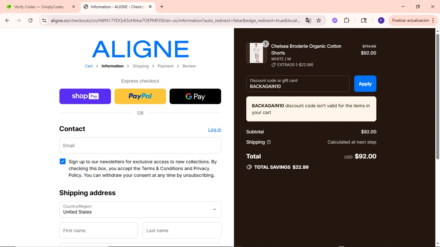 Aligne UK promo code screenshot showing code BACKAGAIN10 applied at Aligne UK checkout page. Uploaded by SimplyCodes community member MightyCaptain635 on Jul 27, 2025