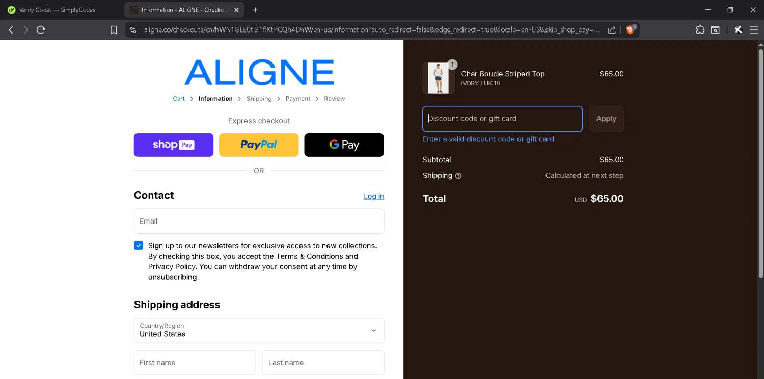 Aligne UK promo code screenshot showing code OLIVIAD15 applied at Aligne UK checkout page. Uploaded by SimplyCodes community member MadaraUchiha07 on Jul 31, 2025
