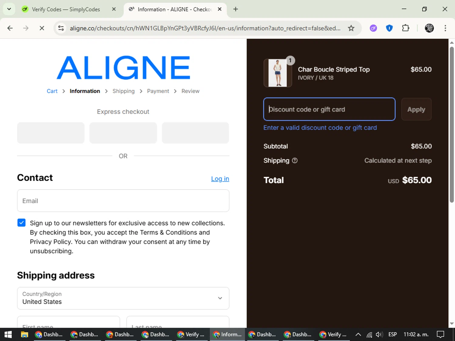 Aligne UK promo code screenshot showing code OLIVIAD15 applied at Aligne UK checkout page. Uploaded by SimplyCodes community member PrimeKnight6101 on Jul 31, 2025