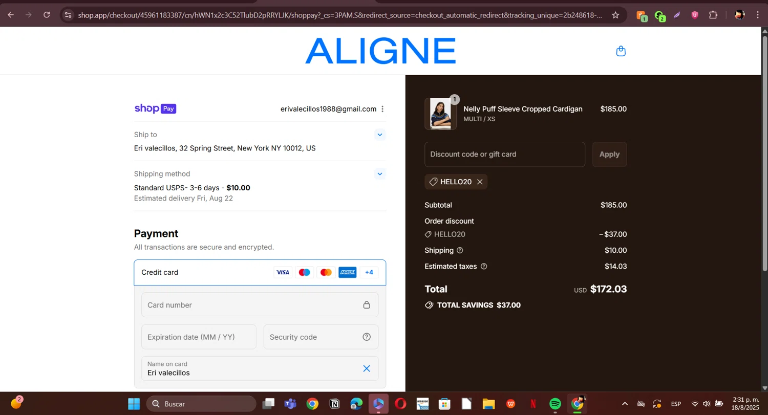 Aligne UK promo code screenshot showing code hello20 applied at Aligne UK checkout page. Uploaded by SimplyCodes community member ERI0810 on Aug 18, 2025