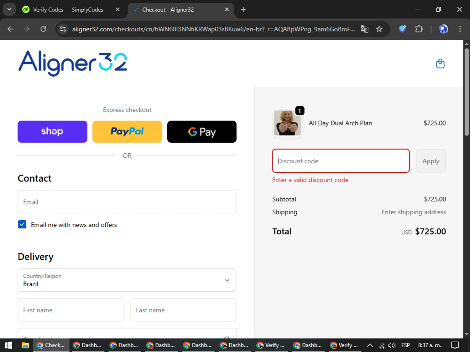 Aligner32 discount code screenshot showing code SAVECART applied at Aligner32 checkout page. Uploaded by SimplyCodes community member WiseHunter8213 on Dec 3, 2025