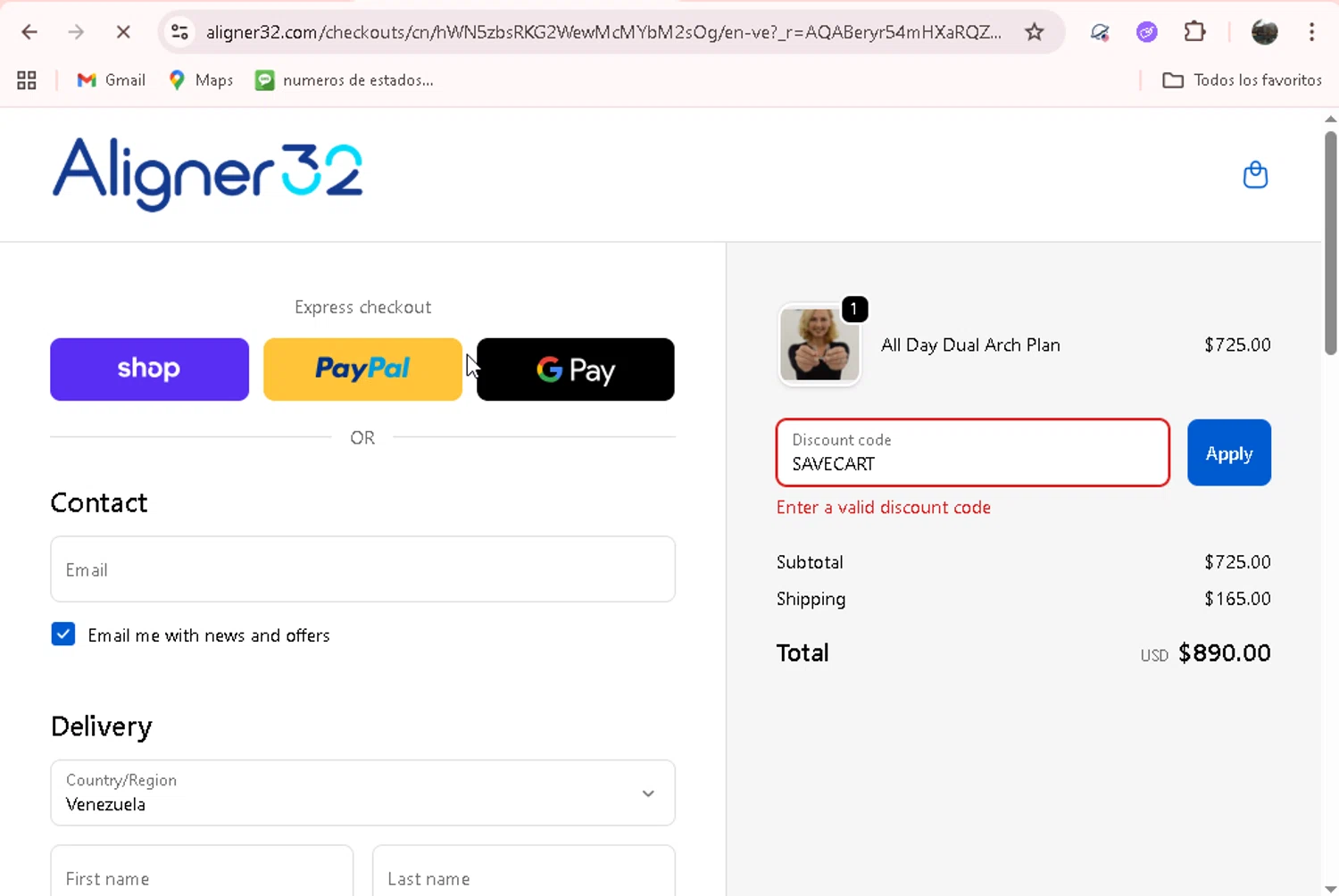 Aligner32 discount code screenshot showing code SAVECART applied at Aligner32 checkout page. Uploaded by SimplyCodes community member adrianvasquez1 on Dec 3, 2025