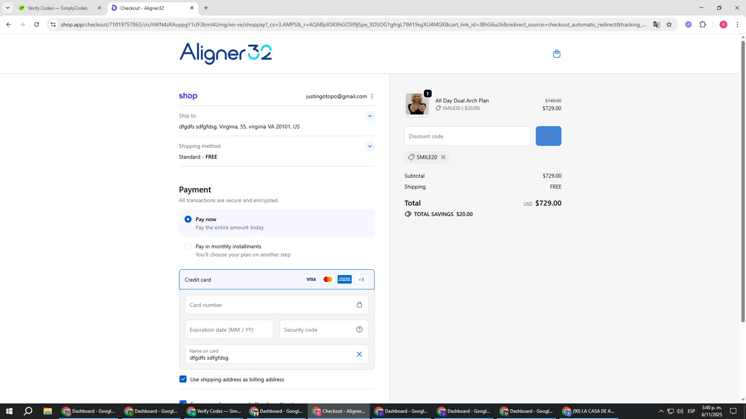Aligner32 discount code screenshot showing code SMILE20 applied at Aligner32 checkout page. Uploaded by SimplyCodes community member TTTT55 on Nov 6, 2025