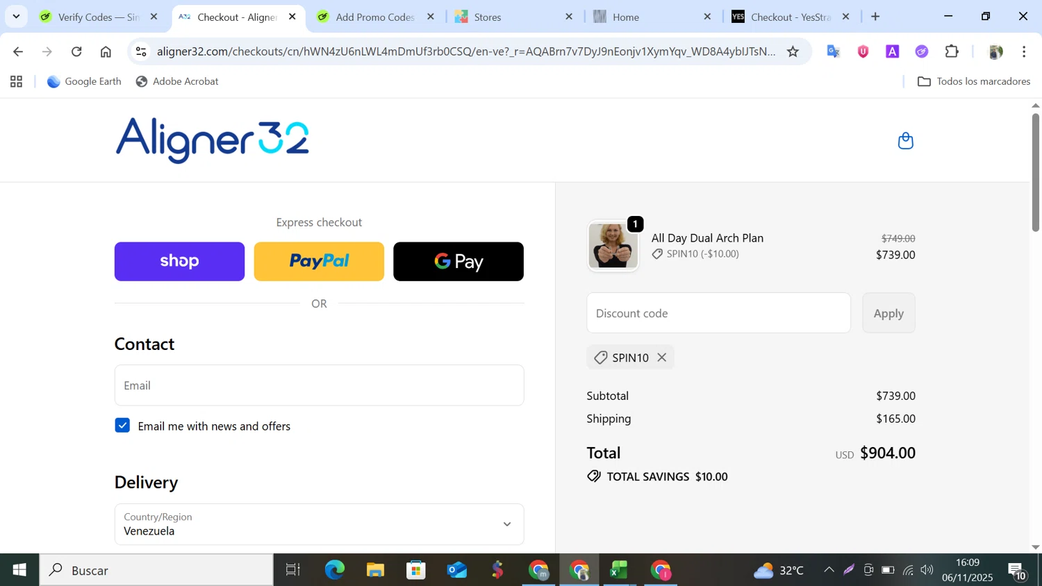 Aligner32 discount code screenshot showing code SPIN10 applied at Aligner32 checkout page. Uploaded by SimplyCodes community member NobleMonarch5837 on Nov 6, 2025