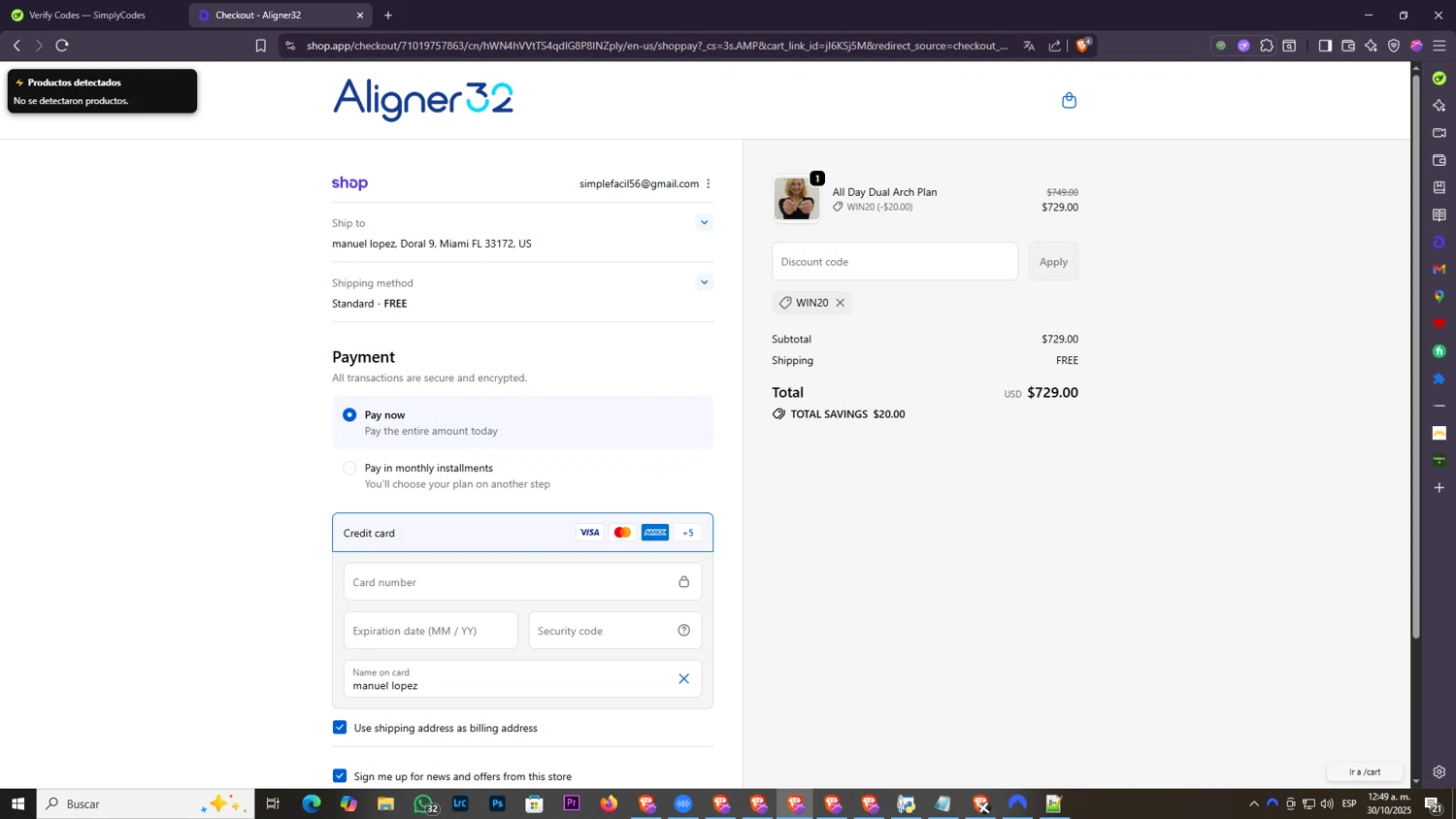 Aligner32 discount code screenshot showing code WIN20 applied at Aligner32 checkout page. Uploaded by SimplyCodes community member SilverSentinel7889 on Oct 30, 2025