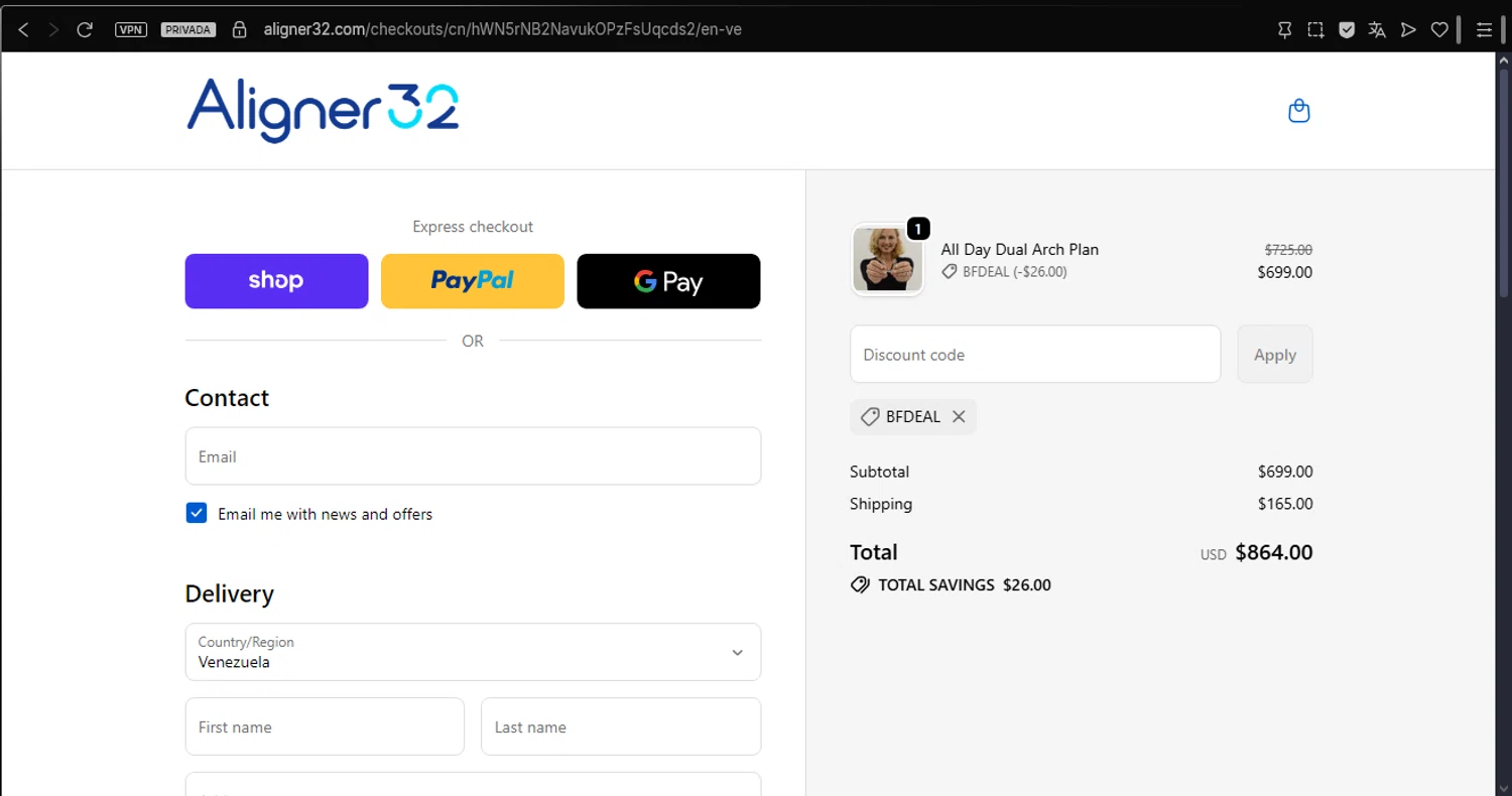 Aligner32 discount code screenshot showing code BFDEAL applied at Aligner32 checkout page. Uploaded by SimplyCodes community member ArgoByte on Nov 29, 2025