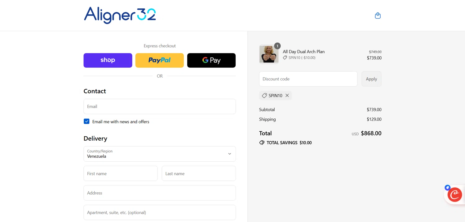 Aligner32 discount code screenshot showing code SPIN10 applied at Aligner32 checkout page. Uploaded by SimplyCodes community member Dorothy on Sep 8, 2025