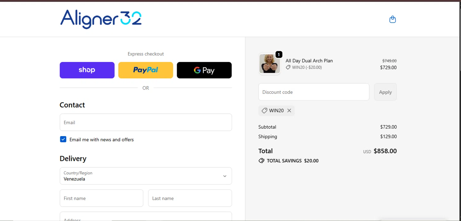 Aligner32 discount code screenshot showing code WIN20 applied at Aligner32 checkout page. Uploaded by SimplyCodes community member juanisaac on Oct 10, 2025