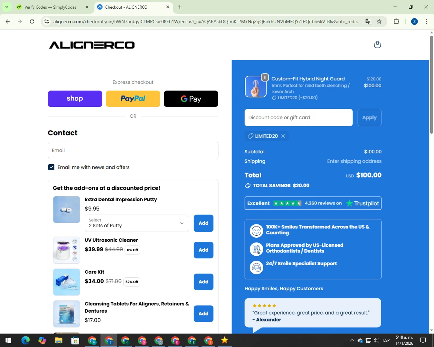 AlignerCo promo code screenshot showing code Limited20 applied at AlignerCo checkout page. Uploaded by SimplyCodes community member 00000007 on Jan 14, 2026