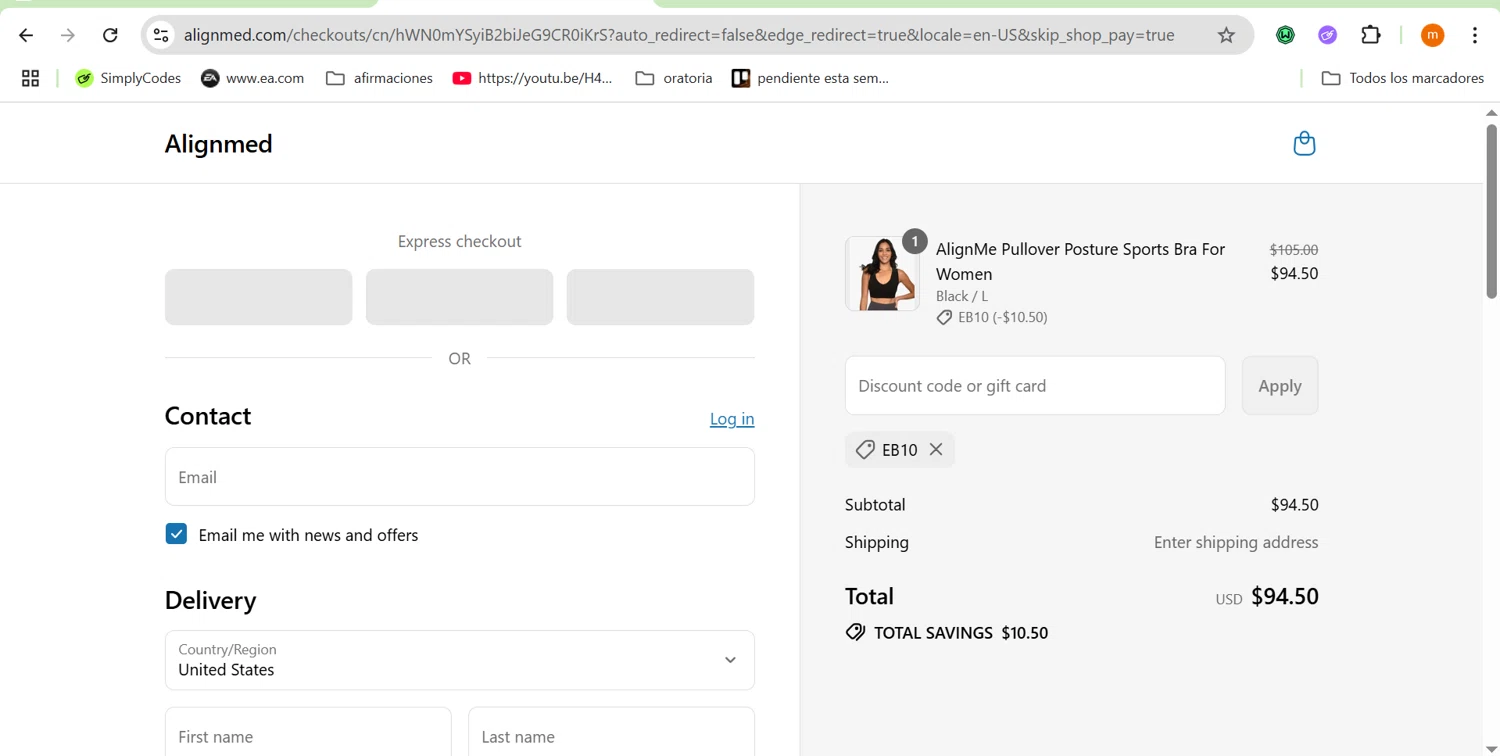 AlignMed promo code screenshot showing code EB10 applied at AlignMed checkout page. Uploaded by SimplyCodes community member ROIS28 on Jul 18, 2025