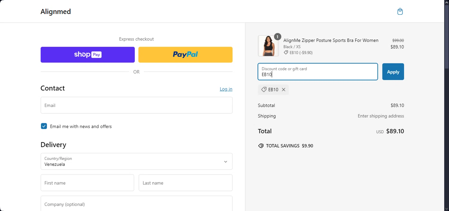 AlignMed promo code screenshot showing code EB10 applied at AlignMed checkout page. Uploaded by SimplyCodes community member Santi_ago on Jan 16, 2025