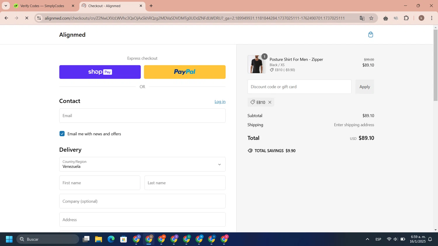 AlignMed promo code screenshot showing code EB10 applied at AlignMed checkout page. Uploaded by SimplyCodes community member DiscountCaptain9530 on Jan 16, 2025
