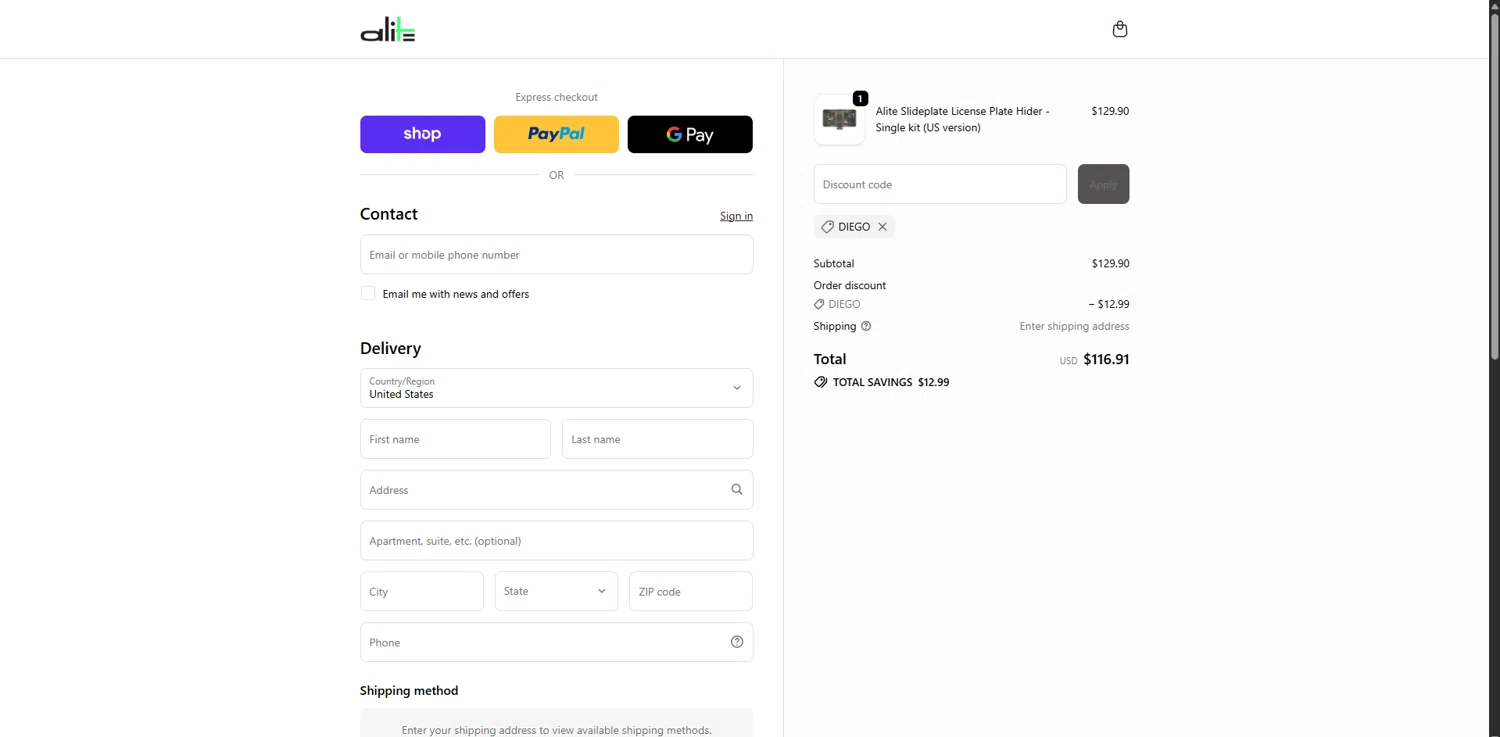 Alite discount code screenshot showing code DIEGO applied at Alite checkout page. Uploaded by SimplyCodes community member RewardPhoenix3732 on Oct 28, 2025