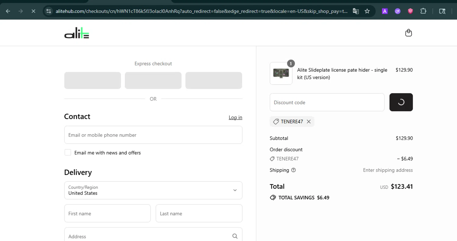 Alite discount code screenshot showing code Tenere47 applied at Alite checkout page. Uploaded by SimplyCodes community member FortunateMaven6799 on Aug 10, 2025