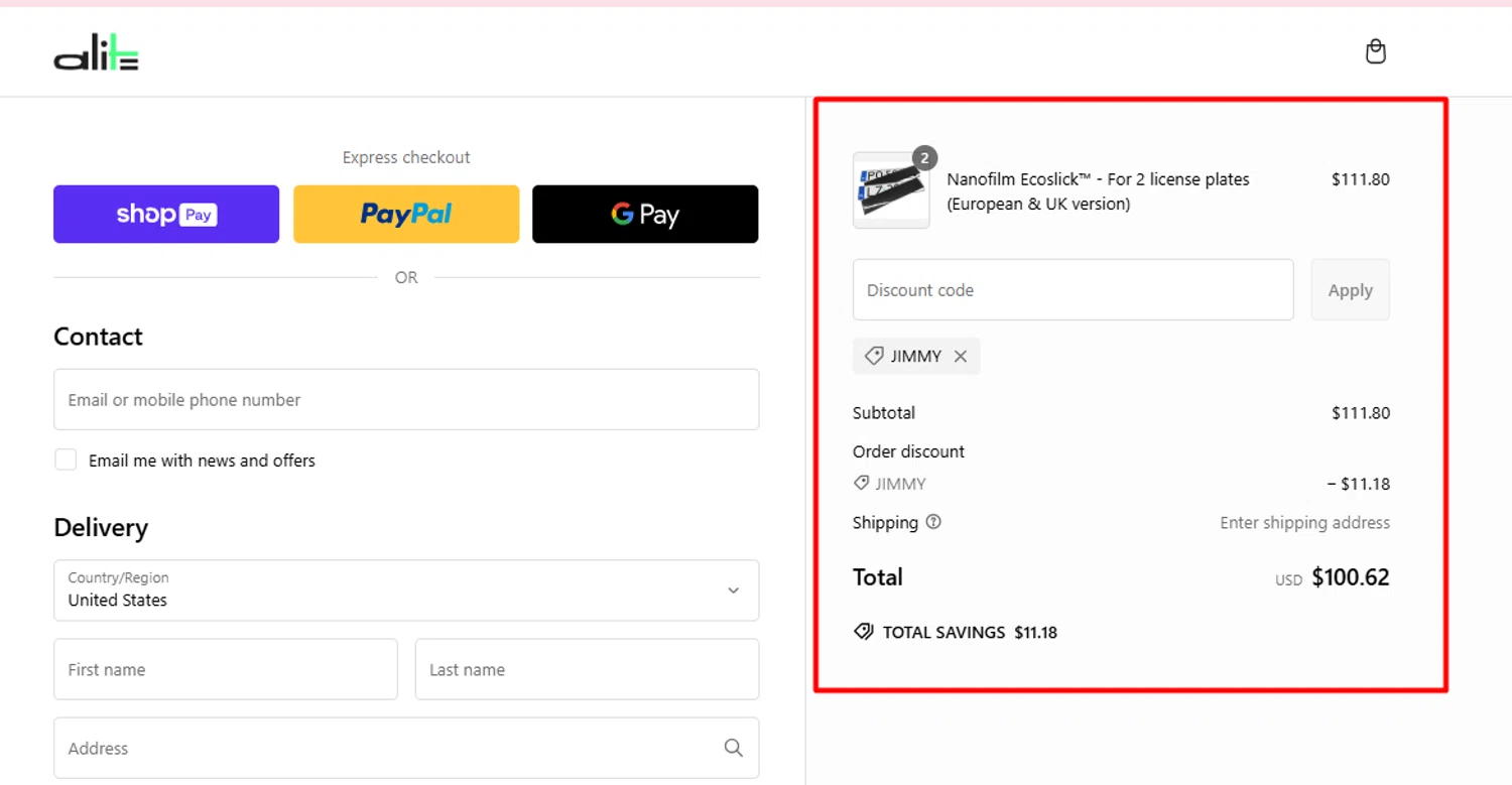 Alite discount code screenshot showing code JIMMY applied at Alite checkout page. Uploaded by SimplyCodes community member CouponWarden4757 on Feb 25, 2025