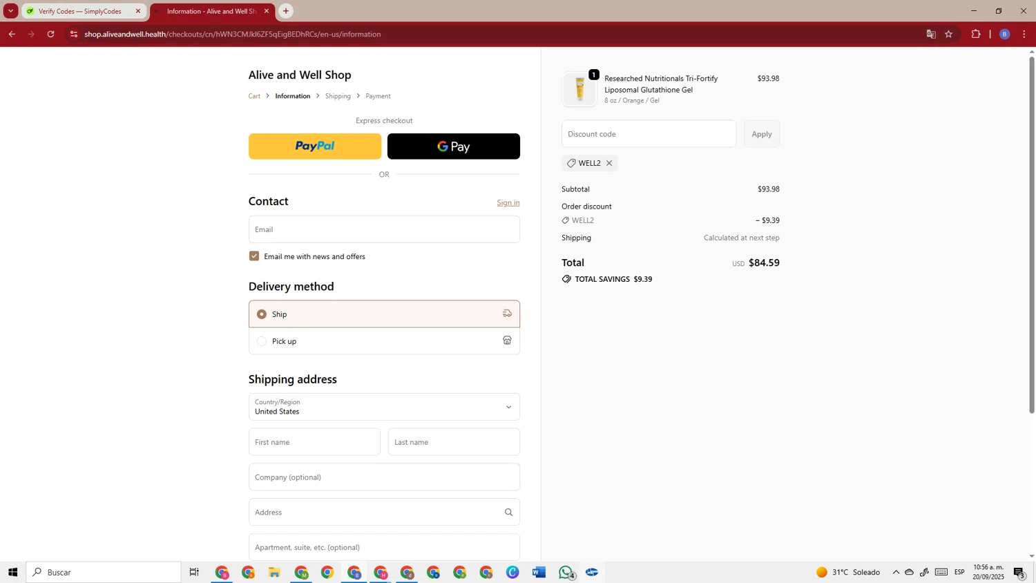 Alive and Well Shop promo code screenshot showing code WELL2 applied at Alive and Well Shop checkout page. Uploaded by SimplyCodes community member TokenSentinel5304 on Sep 20, 2025