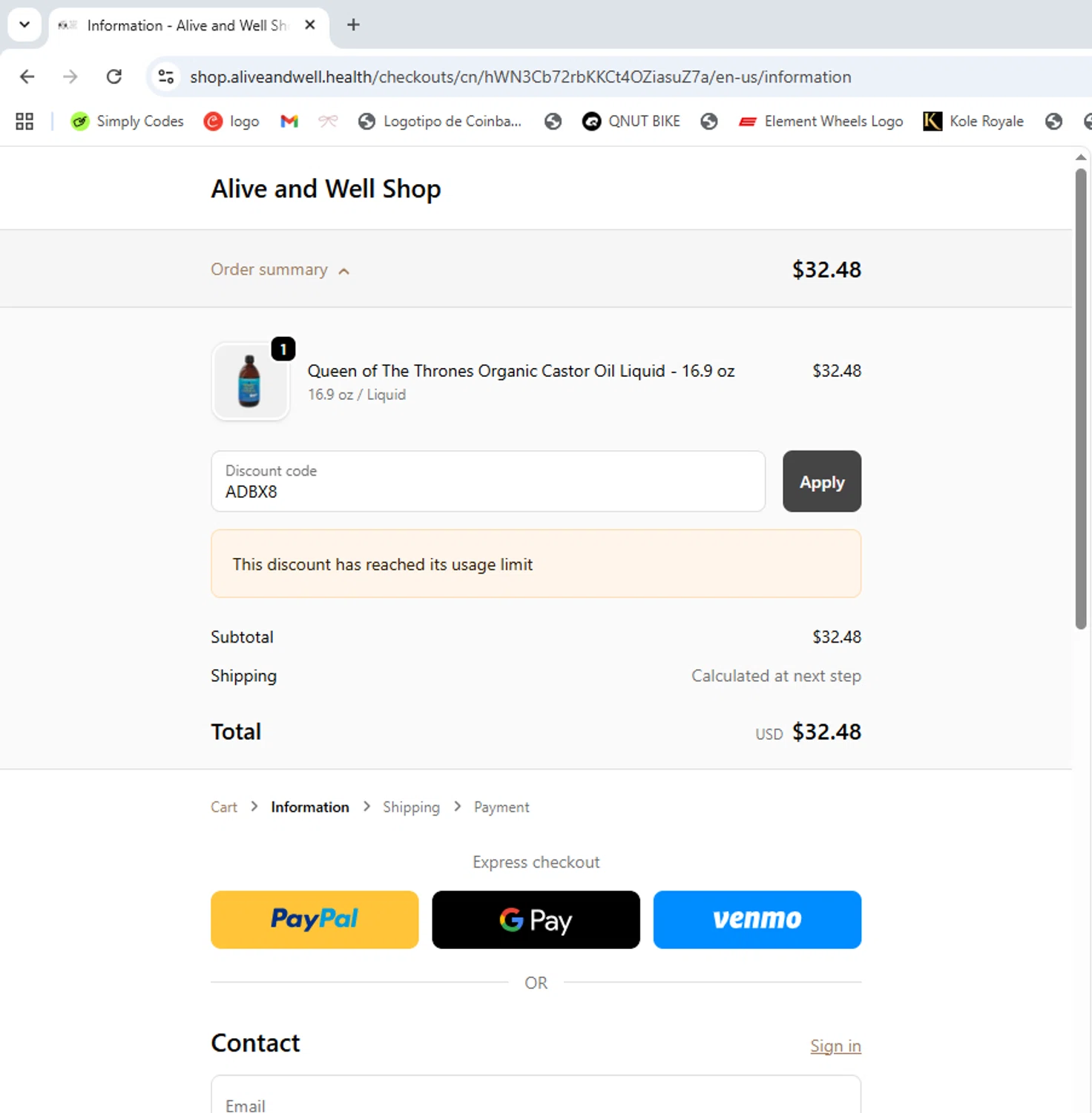 Alive and Well Shop promo code screenshot showing code ADBX8 applied at Alive and Well Shop checkout page. Uploaded by SimplyCodes community member ShrewdWhiz2806 on Sep 20, 2025