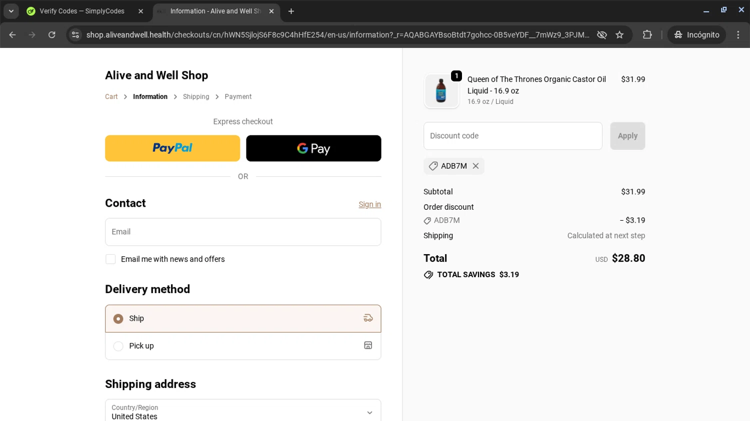 Alive and Well Shop promo code screenshot showing code ADB7M applied at Alive and Well Shop checkout page. Uploaded by SimplyCodes community member AVAMUSTANG on Nov 19, 2025