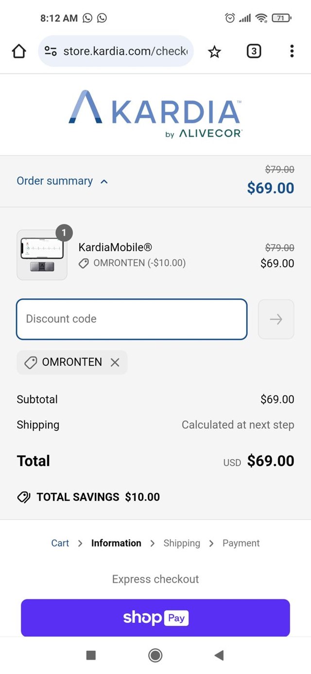 AliveCor checkout page showing AliveCor promo code box | Screenshot taken by SimplyCodes community member on Apr 20, 2025
