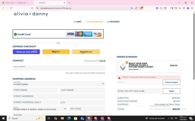 Alivia + Danny checkout page showing Alivia + Danny discount code box | Screenshot taken by SimplyCodes community member on Aug 16, 2025