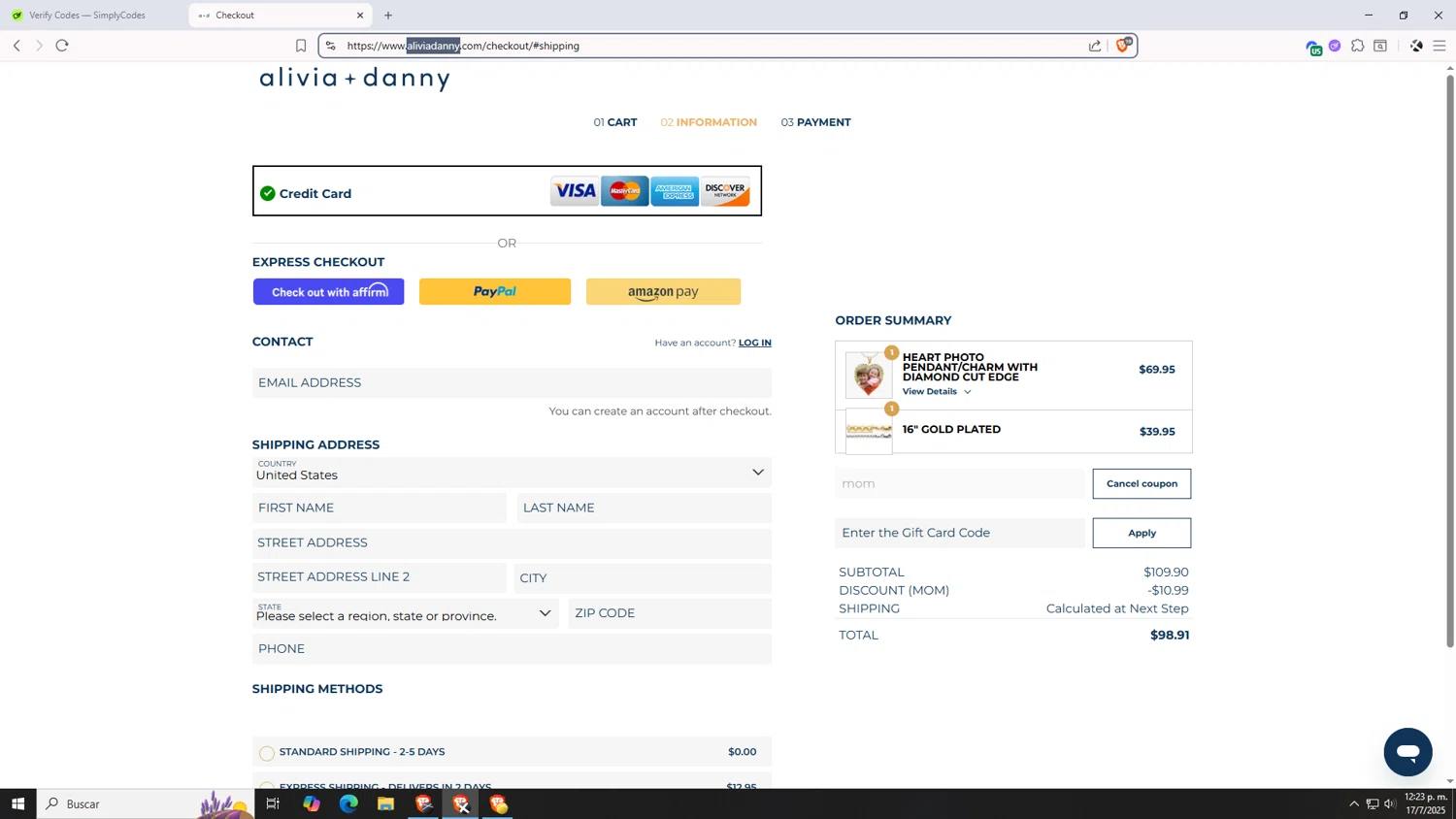 Alivia + Danny discount code screenshot showing code mom applied at Alivia + Danny checkout page. Uploaded by SimplyCodes community member VictoriousDefender7352 on Jul 17, 2025