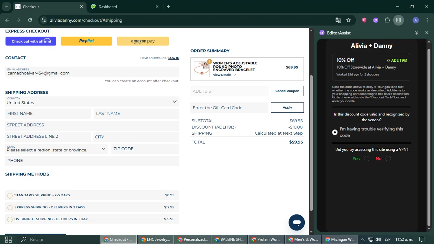 Alivia + Danny discount code screenshot showing code ADLIT9I3 applied at Alivia + Danny checkout page. Uploaded by SimplyCodes community member GoldScout8925 on Jul 16, 2025
