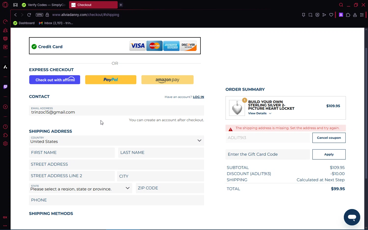 Alivia + Danny discount code screenshot showing code ADLIT9I3 applied at Alivia + Danny checkout page. Uploaded by SimplyCodes community member SaleRanger1759 on Jun 17, 2025