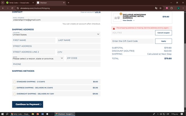 Alivia + Danny checkout page showing Alivia + Danny discount code box | Screenshot taken by SimplyCodes community member on Aug 14, 2025