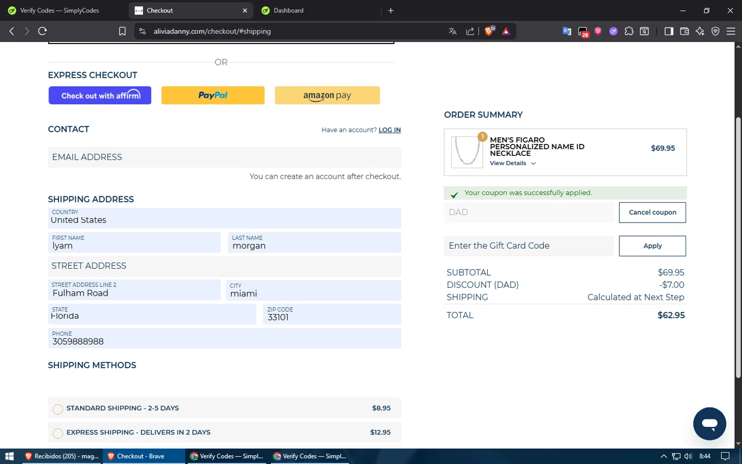 Alivia + Danny discount code screenshot showing code DAD applied at Alivia + Danny checkout page. Uploaded by SimplyCodes community member Voucher200 on Jun 28, 2025