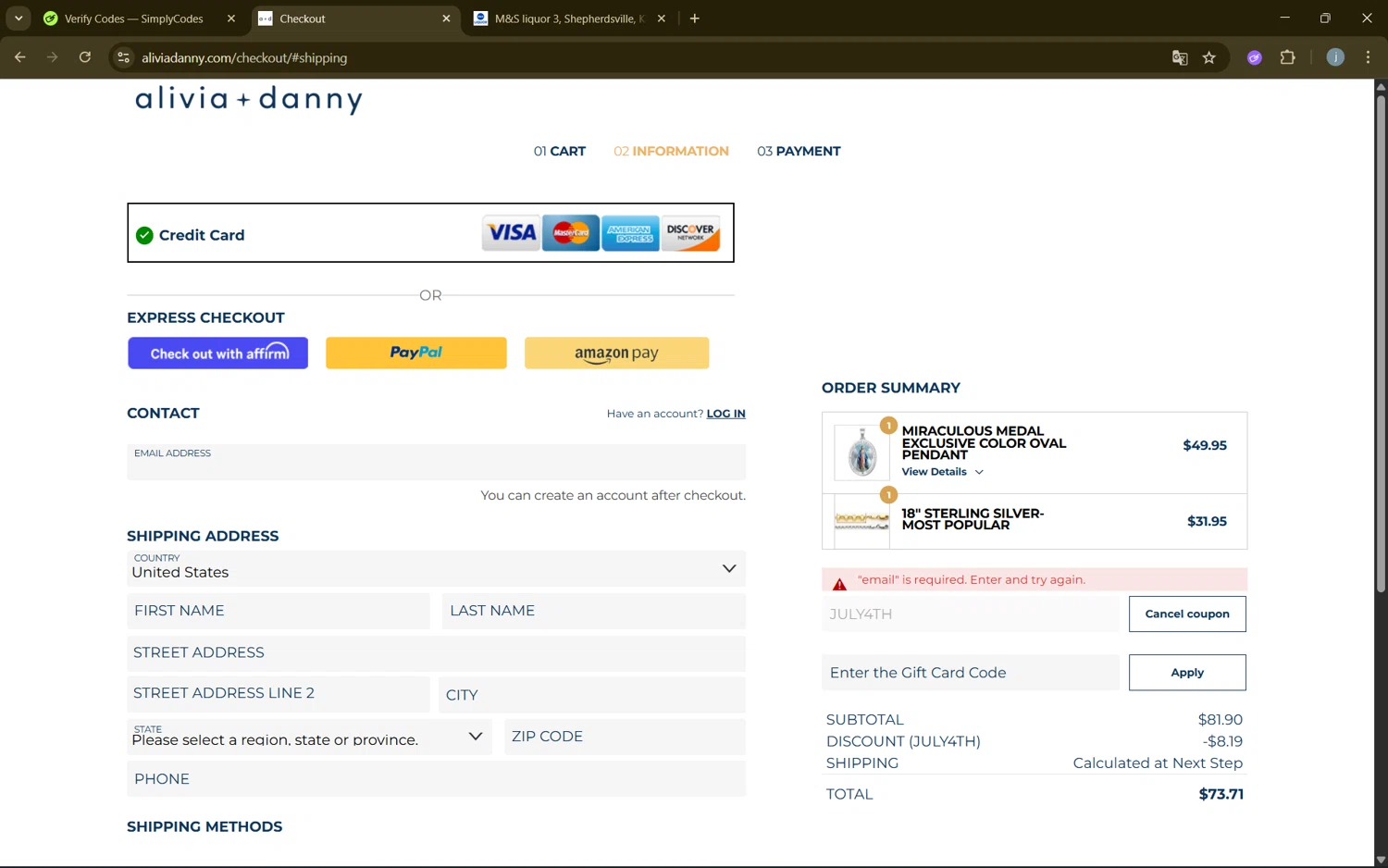 Alivia + Danny discount code screenshot showing code JULY4TH applied at Alivia + Danny checkout page. Uploaded by SimplyCodes community member frijolito on Aug 29, 2025