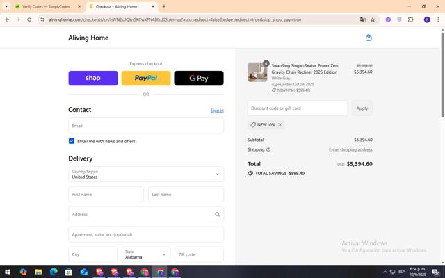 Aliving Home checkout page showing Aliving Home coupon code box | Screenshot taken by SimplyCodes community member on Sep 12, 2025