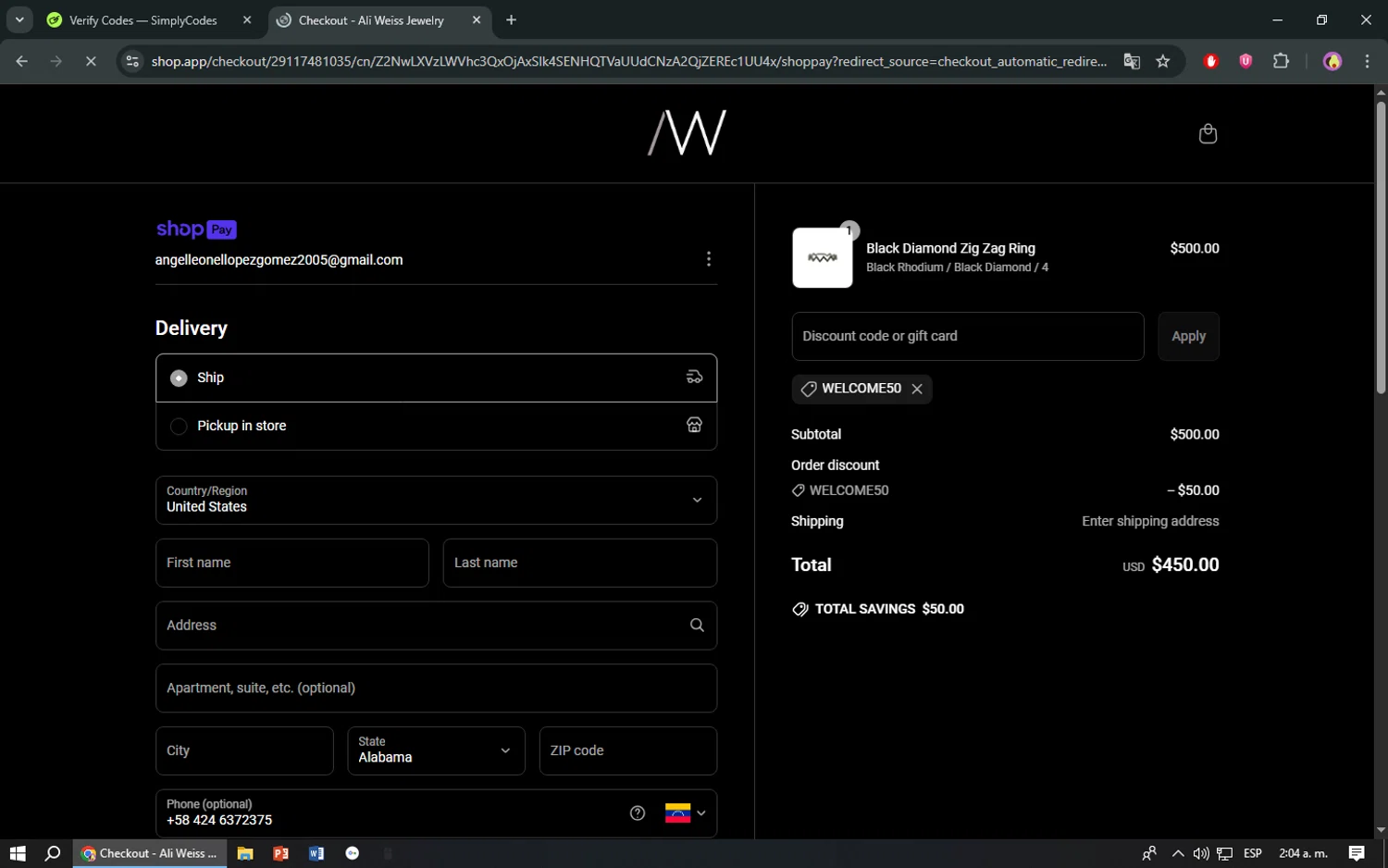 Ali Weiss Jewelry promo code screenshot showing code WELCOME50 applied at Ali Weiss Jewelry checkout page. Uploaded by SimplyCodes community member TreasureShopper9156 on Jun 21, 2025