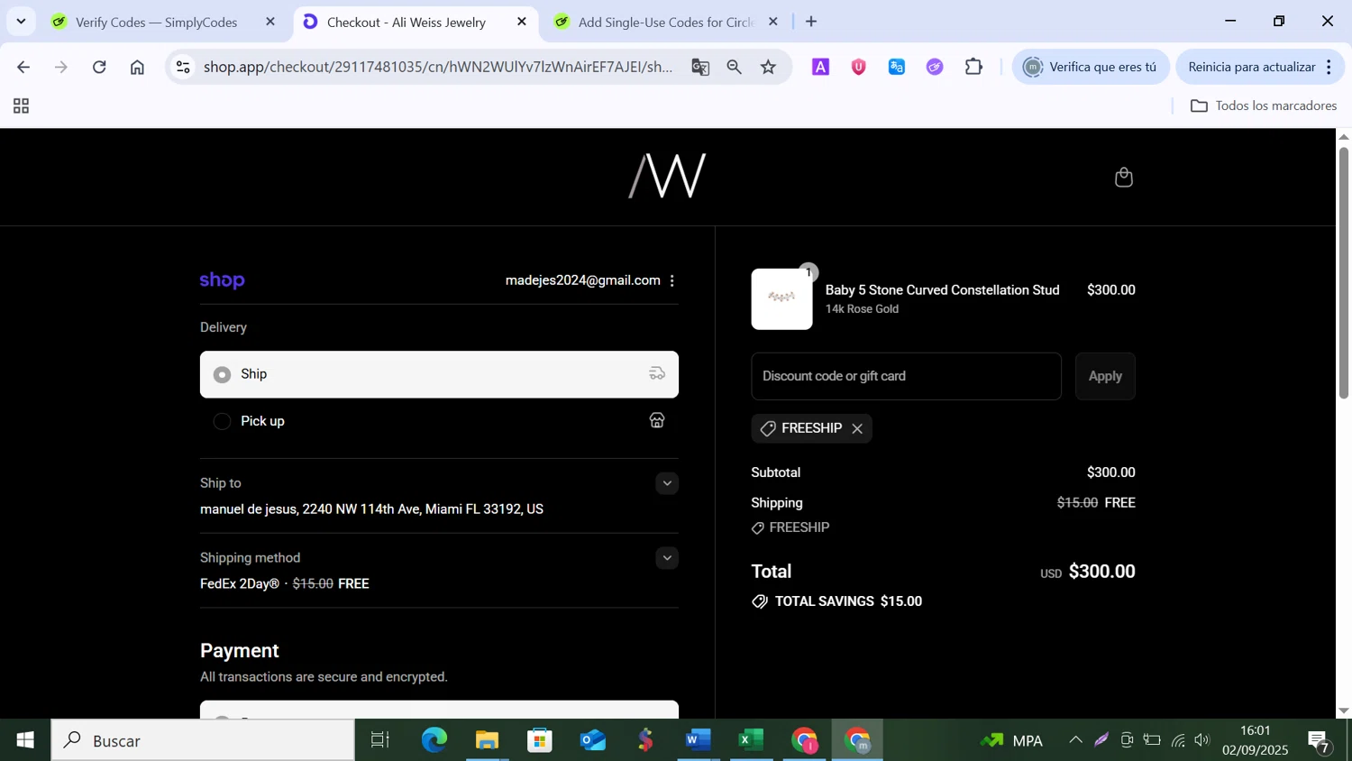 Ali Weiss Jewelry promo code screenshot showing code FREESHIP applied at Ali Weiss Jewelry checkout page. Uploaded by SimplyCodes community member MANUELURBINA on Sep 2, 2025