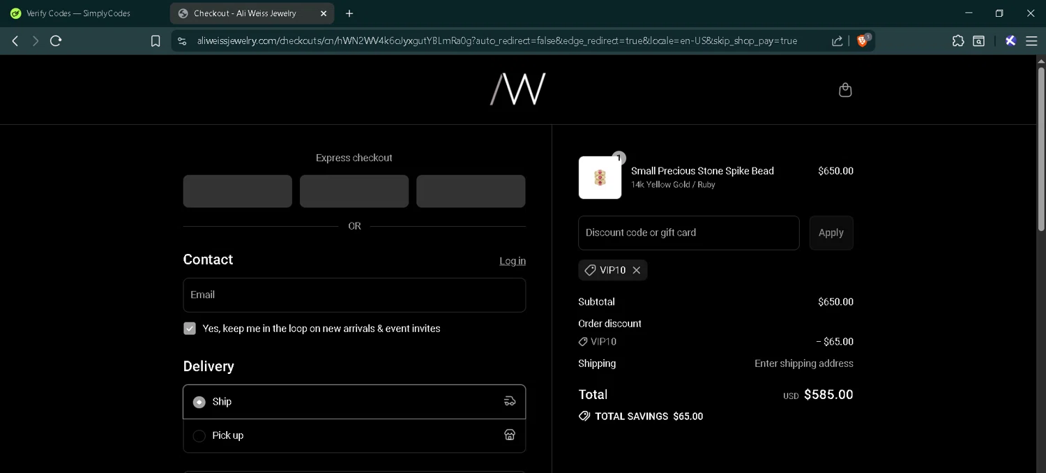 Ali Weiss Jewelry promo code screenshot showing code VIP10 applied at Ali Weiss Jewelry checkout page. Uploaded by SimplyCodes community member RoyalMaverick7546 on Sep 2, 2025