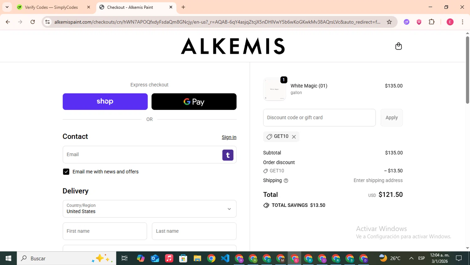 Alkemis Paint promo code screenshot showing code GET10 applied at Alkemis Paint checkout page. Uploaded by SimplyCodes community member CouponHero7312 on Jan 3, 2026