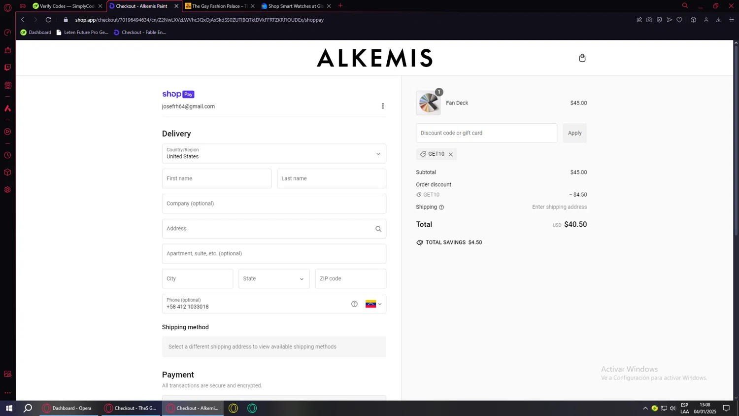 Alkemis Paint promo code screenshot showing code GET10 applied at Alkemis Paint checkout page. Uploaded by SimplyCodes community member SwiftVoyager5067 on Jan 4, 2025