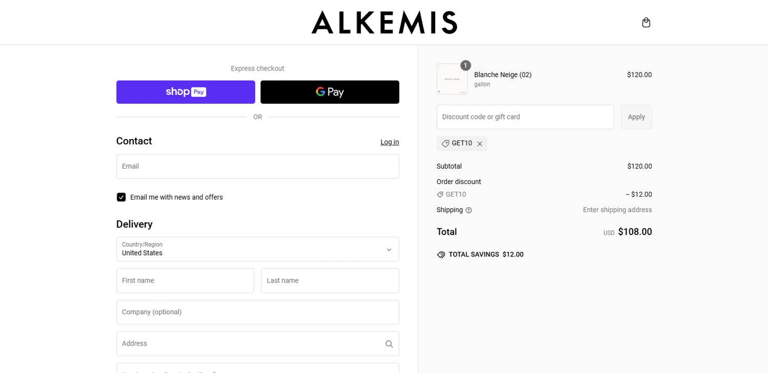 Alkemis Paint promo code screenshot showing code GET10 applied at Alkemis Paint checkout page. Uploaded by SimplyCodes community member kalltrom21 on Feb 2, 2025