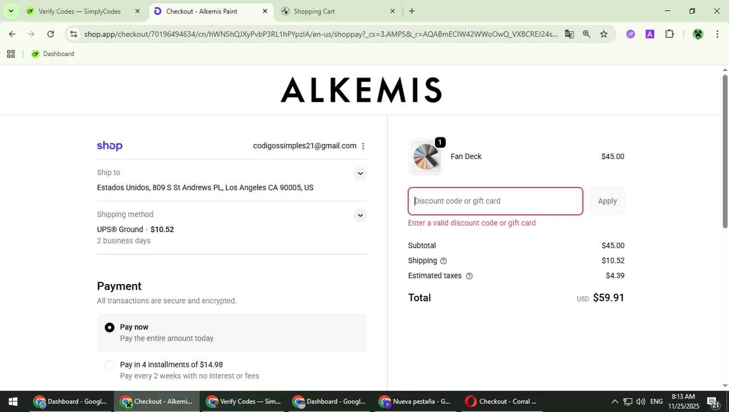 Alkemis Paint promo code screenshot showing code MSD10off applied at Alkemis Paint checkout page. Uploaded by SimplyCodes community member MaitoGai on Nov 25, 2025