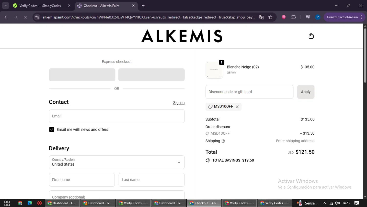 Alkemis Paint promo code screenshot showing code MSD10off applied at Alkemis Paint checkout page. Uploaded by SimplyCodes community member QuestExpert3096 on Oct 28, 2025