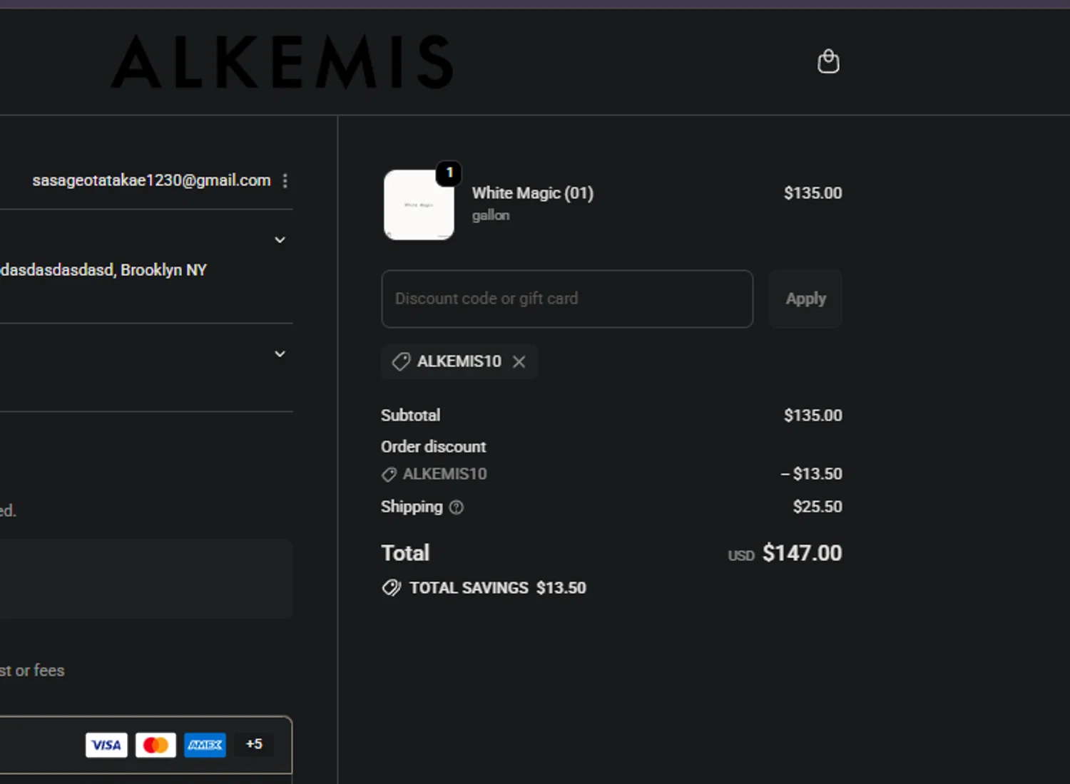 Alkemis Paint promo code screenshot showing code ALKEMIS10 applied at Alkemis Paint checkout page. Uploaded by SimplyCodes community member FIREINTHEHOLE on Nov 30, 2025
