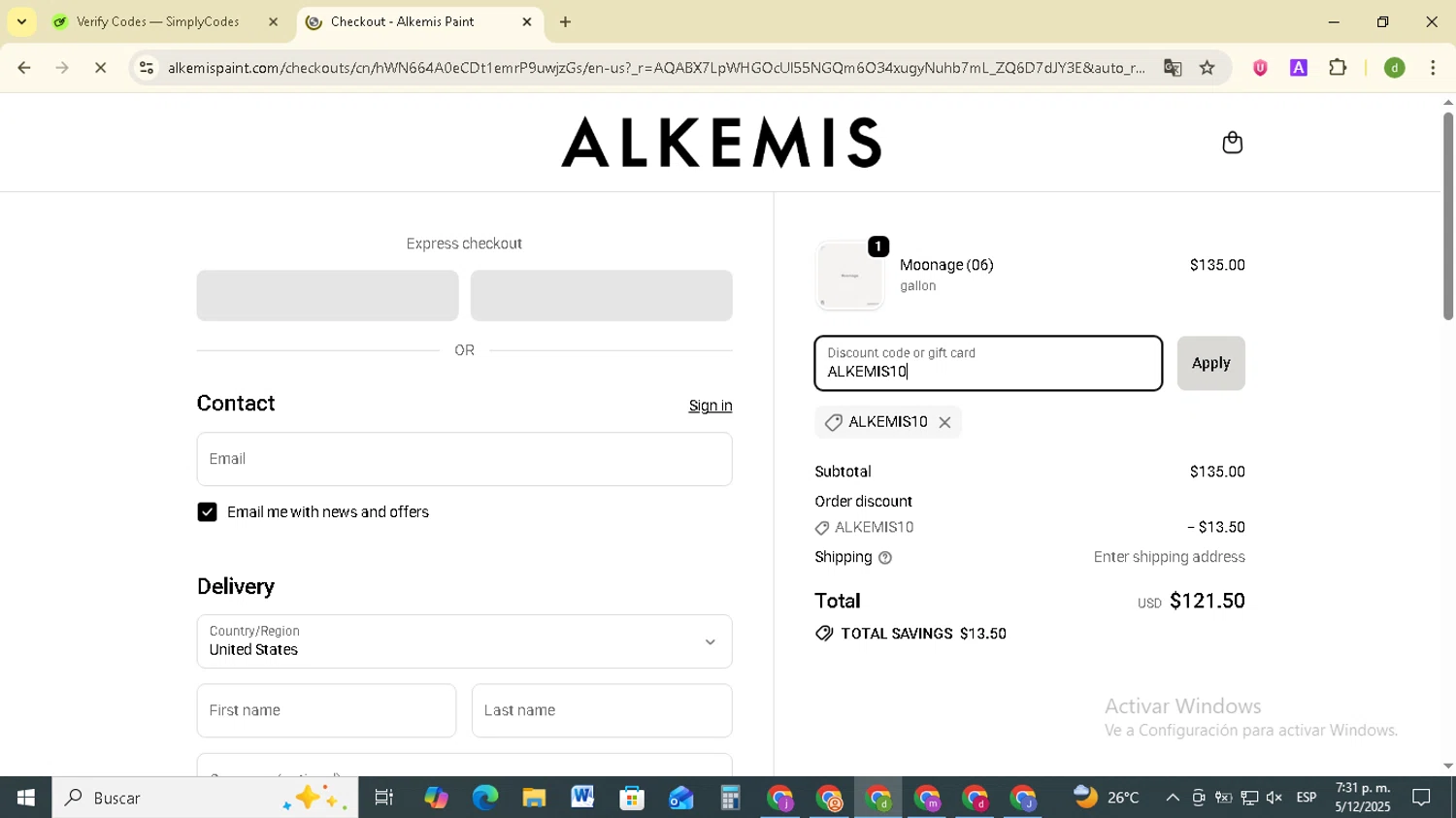 Alkemis Paint promo code screenshot showing code ALKEMIS10 applied at Alkemis Paint checkout page. Uploaded by SimplyCodes community member SavingsSentinel833 on Dec 5, 2025