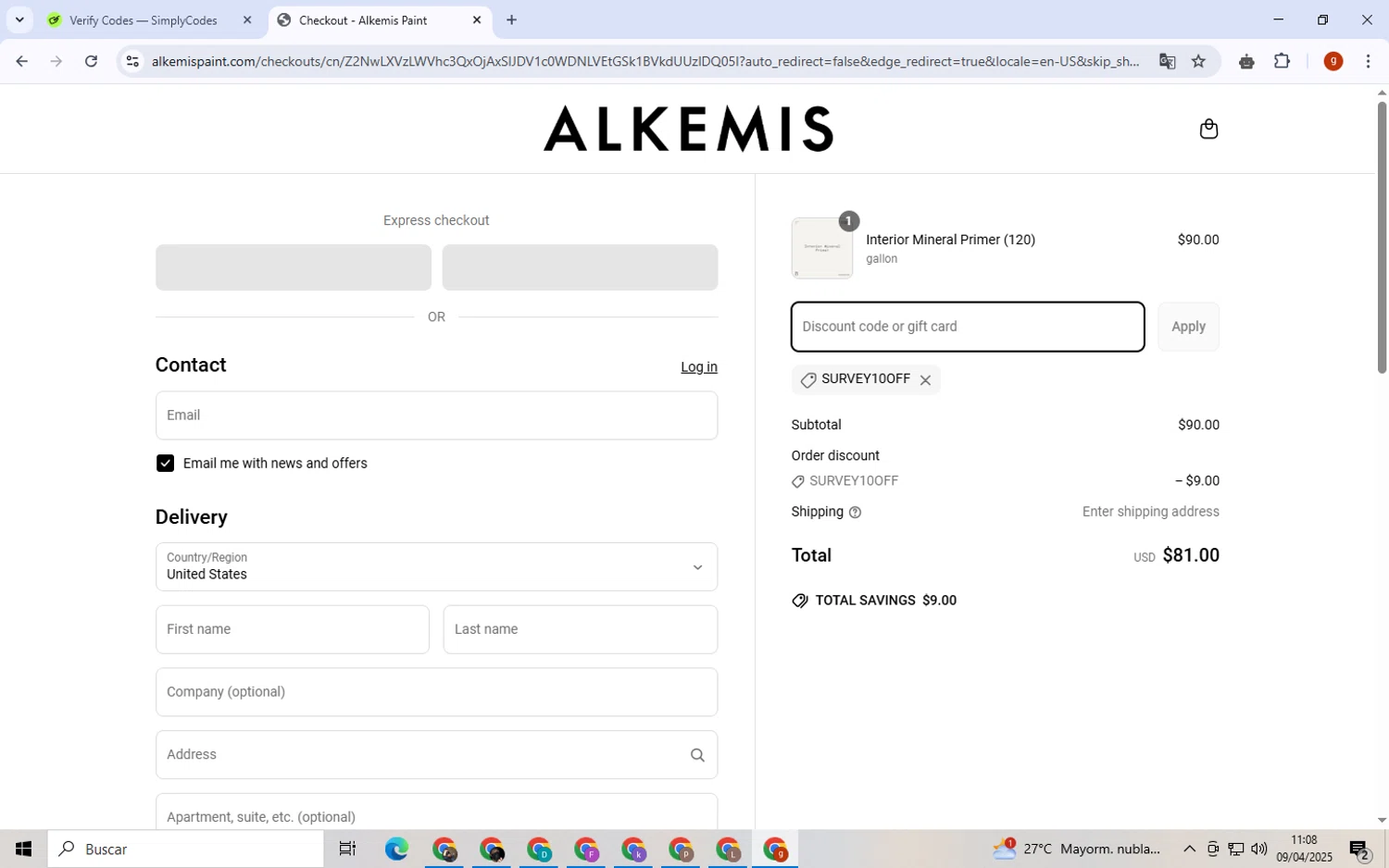 Alkemis Paint promo code screenshot showing code SURVEY10OFF applied at Alkemis Paint checkout page. Uploaded by SimplyCodes community member ExtraordinaryVirtuoso6801 on Apr 9, 2025