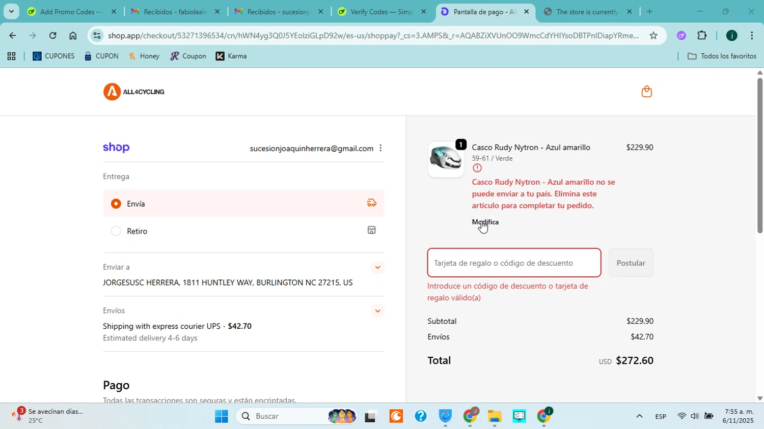 All4cycling discount code screenshot showing code BOO!25 applied at All4cycling checkout page. Uploaded by SimplyCodes community member jorgejavierherrera on Nov 6, 2025