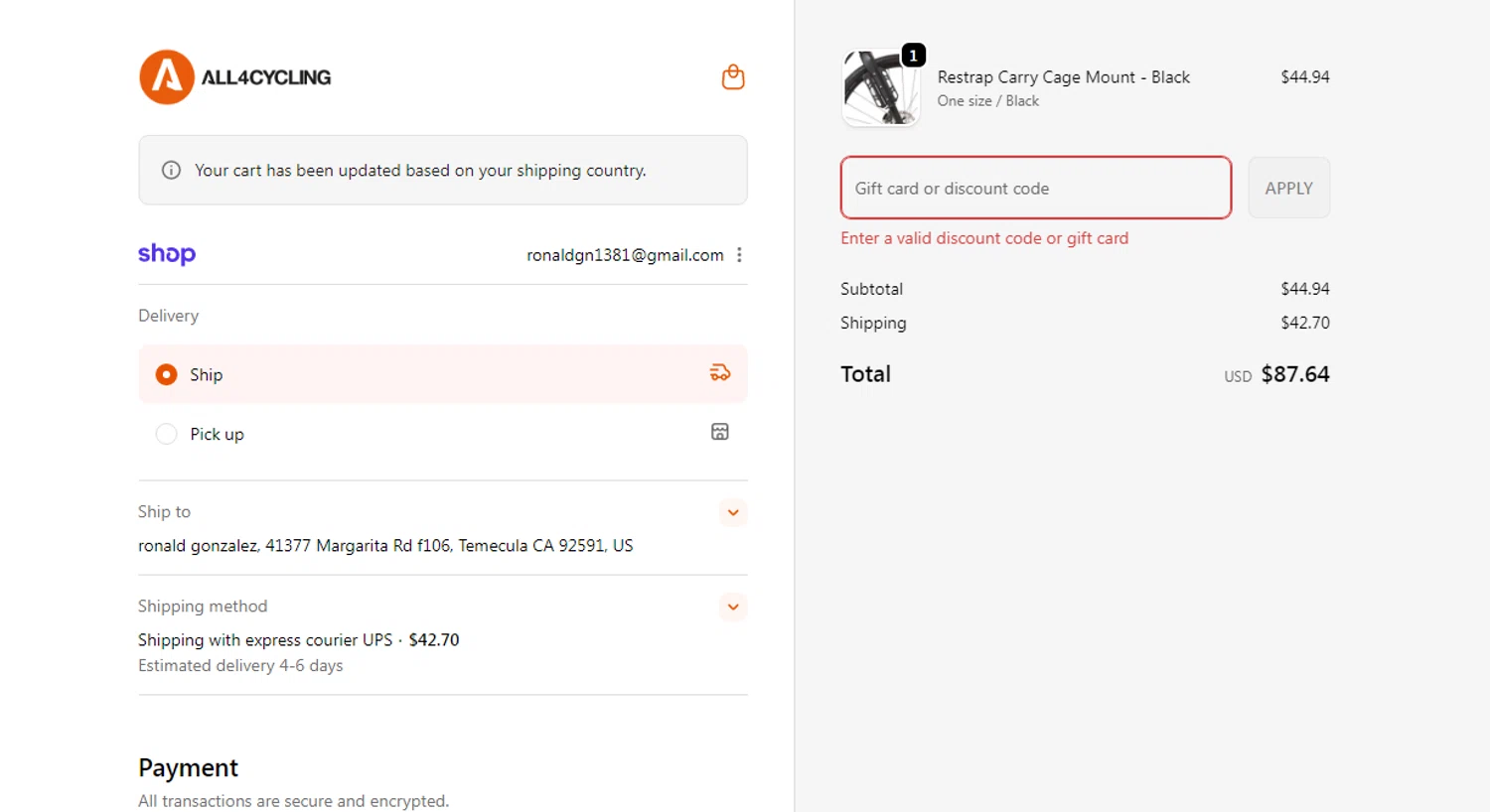 All4cycling discount code screenshot showing code BLACK25 applied at All4cycling checkout page. Uploaded by SimplyCodes community member Gonzalez010203 on Dec 8, 2025