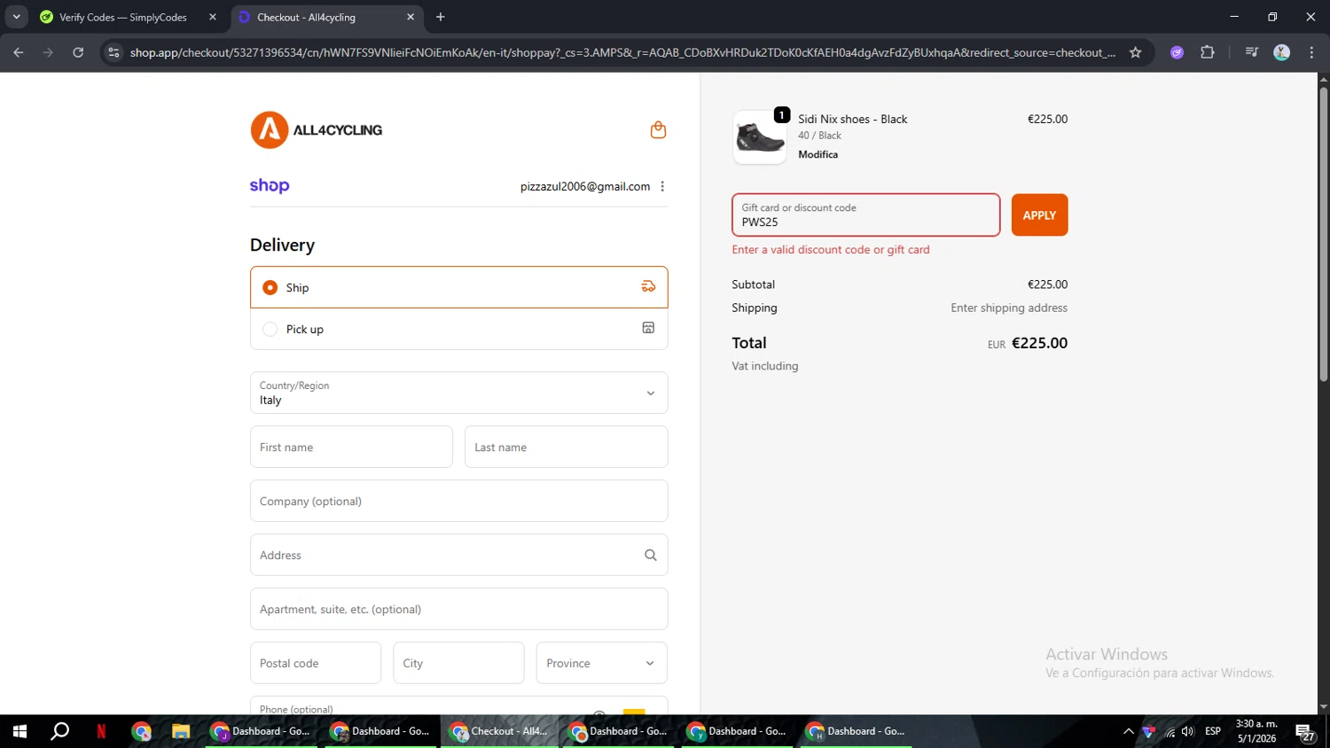 All4cycling discount code screenshot showing code PWS25 applied at All4cycling checkout page. Uploaded by SimplyCodes community member ShrewdSeeker6165 on Jan 5, 2026